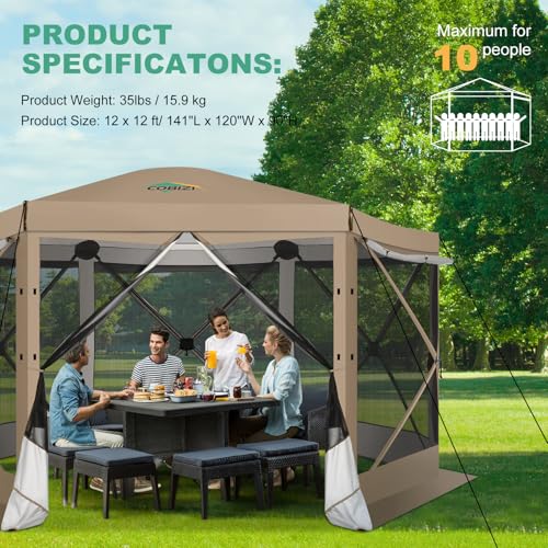 Image of COBIZI 12x12 FT Pop Up Canopy Extendable Tent, Gazebos On Clearance with Removable Roof, Screened in Gazebo with sidewalls, Screen Tents Portable carpas para Patio for Outdoor Camping,Backyard,Khaki