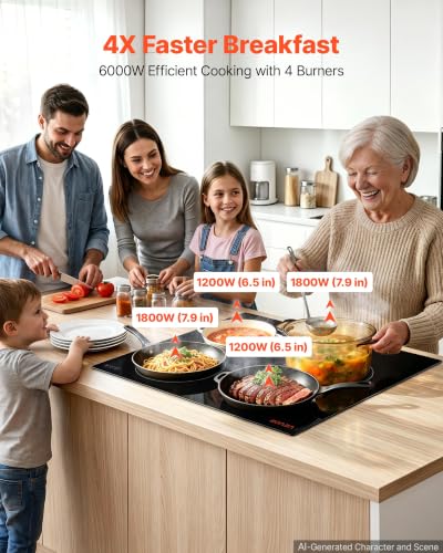 Image of VEVOR Electric Cooktop 24inch 4 Burners Stove Top 6000W 220V No Plug, Ceramic Built-in Radiant Electric Stove, with 11 Power Levels, Over-Heat Guard, Knob Control, for Diverse Cooking Requirements