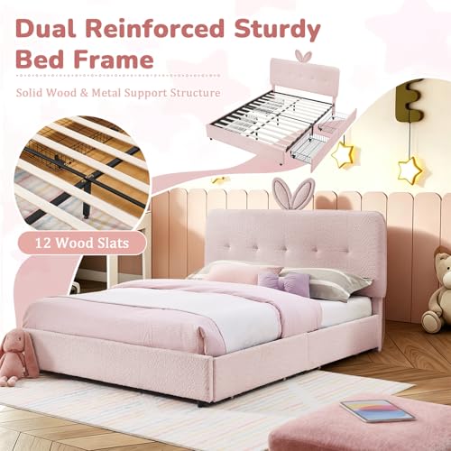 Image of Full Led Bed Frame with 4 Storage Drawer, Upholstered Platform Floor Bed with Rabbit Ear Headboard Daybed Strong Wooden Slats No Box Spring Needed for Kids Girls Boys, Pink