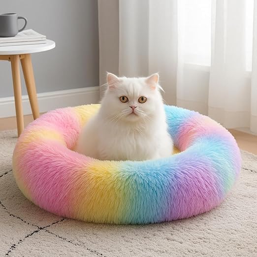 Image of ZEXSAZONE Plush Donut Dog Bed for Dogs & Cats | Soft Calming Anti-Anxiety Pet Bed | Warm Cozy Winter Dog Bed for Puppies | Washable Round Bed (Rainbow Small)