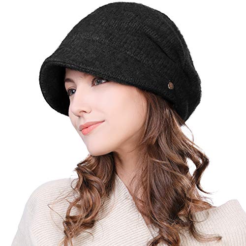 Fancet Gorro de punto para mujer, mezcla de lana, con visera de punto, sombrero de panadería, sombrero de niño de noticias, de 55 a 59 cm, Negro#99139, M Cover