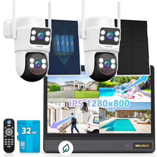 WEILAILIFE Sistema de seguridad todo en uno: cámaras de seguridad inalámbricas para exteriores, sistema de cámara de seguridad PTZ alimentado por energía solar, sistemas de videovigilancia WiFi para
