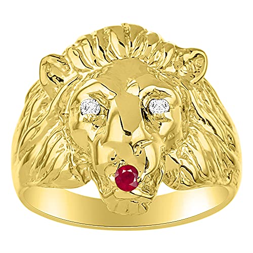 Image of Rylos Lion Head Ring Color Stones Eyes & Diamond Mouth - Fun Designer Rings in Sizes 8-13 in Yellow Gold Plated Silver