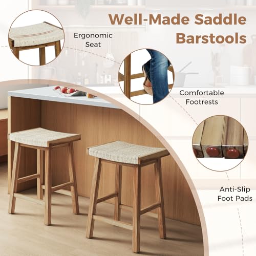 Butacos de bar GOFLAME, juego de 2 unidades, altura de mostrador (25,5 pulgadas), asiento tejido en pasto marino, estructura de madera maciza y reposapiés, butacos sin respaldo para cocina y comedor miniatura 5