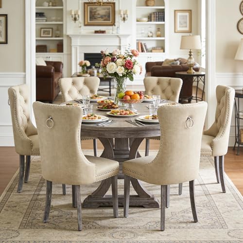Image of Leather Dining Chairs, Upholstered Dining Room Chairs, Beige, Set of 6