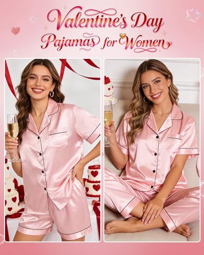 Image of 3 Piece Silk Satin Pajama Set for Women Soft Short Sleeve Button Down Pjs with Shorts Long Pants Sleepwear S-XXXL