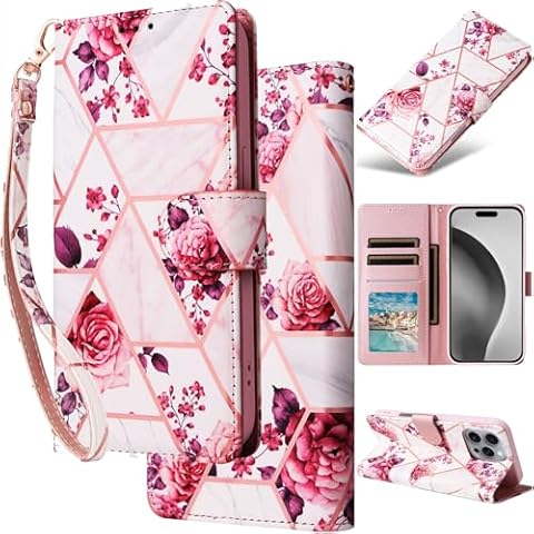 GuluGuru for iPhone 16 Leather Case Wallet Luxury Marble Pattern Gold Diamond Edge Folio Flip Cover Kickstand, ID Credit Card Holder Cash Slot, Magnetic Clasp, Hand Wrist Strap Cover