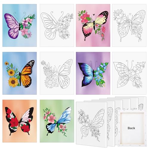 COCHIE 6 Pack 8x10 Inches Butterfly Flower Pre Drawn Canvas to Paint for Sip and Paint Party Pre Printed Framed Canvases Set Butterflies Pre Sketched Canvas for Painting for Adults Kids