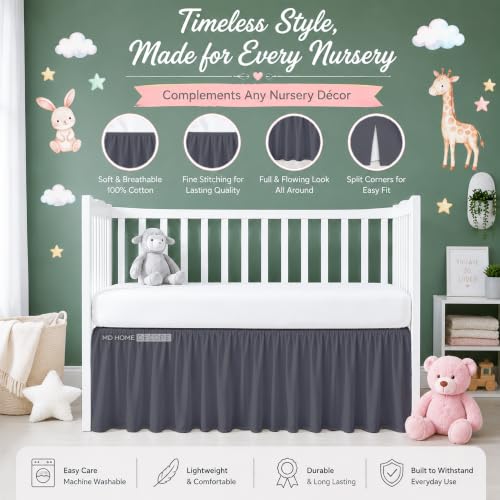Image of Cotton Crib Bed Skirt Dust Ruffle with Split Corners, 14 inch Drop, Dark Grey | Nursery Standard Crib Bedding Bed Skirt for Baby Boys and Baby Girls. Hides Under-Crib Storage for a Neat Appearance