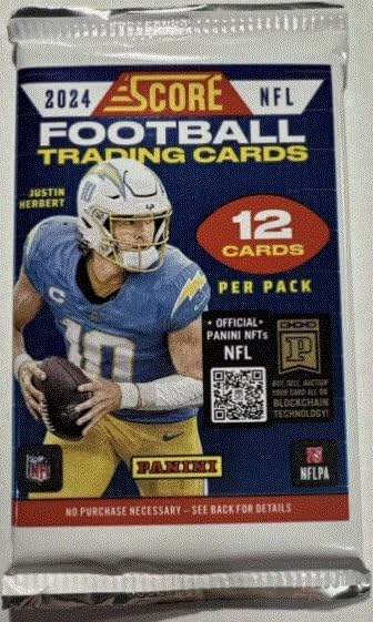 Kansas City Football team 50 card gift lot w/Mahomes, Butker, Kelce and many more stars and rookies from the past 30 years (Topps, Panini, Donruss etc) plus a bonus factory sealed pack of 2024 Panini Score with 12 cards, one of which is a rookie card or autograph.