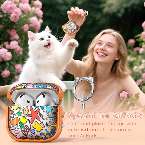 Image of for AirPods 4 Case with Cleaning Kit, Cute Cat Ear Print Design & Cute Buckle, Inverted Phone Holder Design, Top Safe Lock Buckle Design, for Girls AirPods 4 case 2024, Orange Seaworld