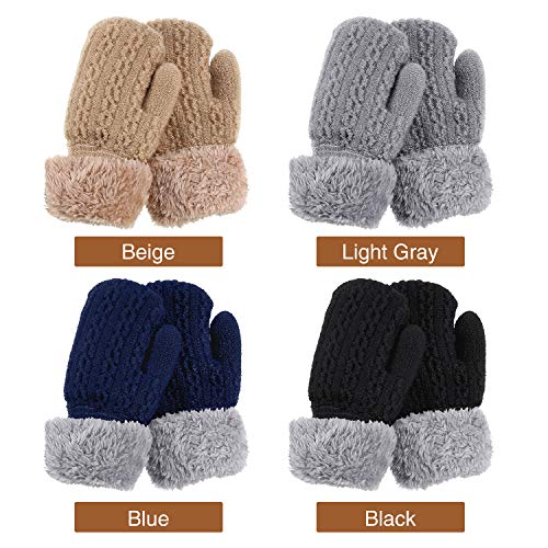 4 Pairs Winter Kids Knit Mittens Thicken Plush Warm Woolen Gloves with String (Black, Light Gray, Beige, Blue)3