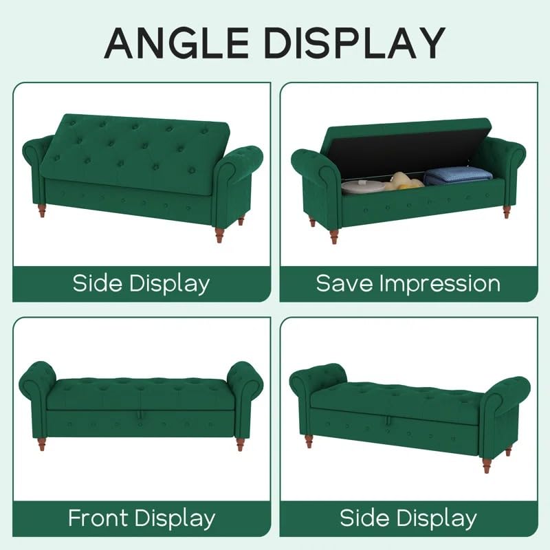 Image of LEGACY OF COMFORT F4 Velvet Upholstered Storage Bench Sofa Bench Sofa couches Rolled Arm Window Bench Ottoman Bench 2 Seater Sofa Chaise Lounger or Living Room Bedroom Office (Green Velvet)