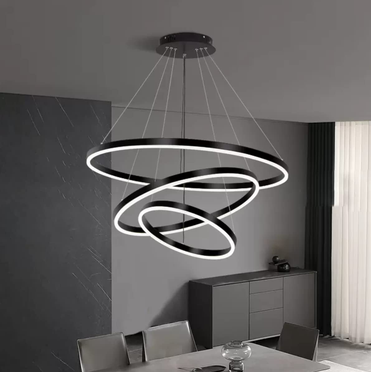 STARRYOL Moderna lampada a sospensione a LED, collezione 3 anelli nera, lampadario a sospensione regolabile, plafoniera moderna, dimmerabile 2700K - 6500K, con telecomando - 78W