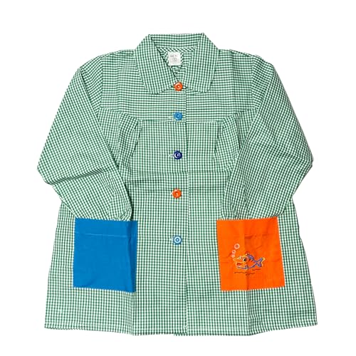 MORE FREE-Babi Escolar Bata Escolar Infantil Niño o Niña para Guarderia y Colegio Cuadrado con Botoens (FR/ES, Edad, 3 años, Regular, Talla 2（3-4 año）, Cuello Verde)