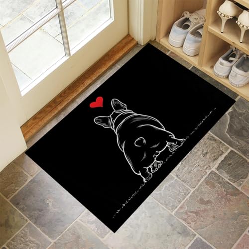 Fußmatten Für Den Innenbereich, Französische Bulldogge Maschinenwaschbar 50 X 80 cm, Weich Saugfähig Fußmatten, Mit Rutschfester Rückseite Fußmatte Schwarz Einfacher Animalprint