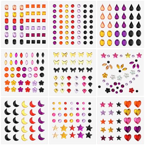 Amabro 9 hojas de tatuajes faciales de Halloween con piedras preciosas, más de 270 pegatinas autoadhesivas de diamantes de imitación, para manualidades, joyas, decoración de festivales