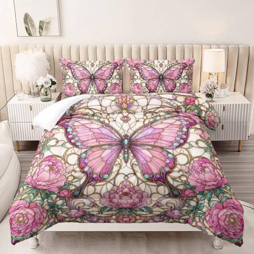 Image of AILONEN Twin Comforter Set 3 Piece, Pink Butterfly Peony Mosaic 3D Printed Bedding with 2 Pillowcases, Soft Lightweight Microfiber Romantic Decor for Compact Bedroom