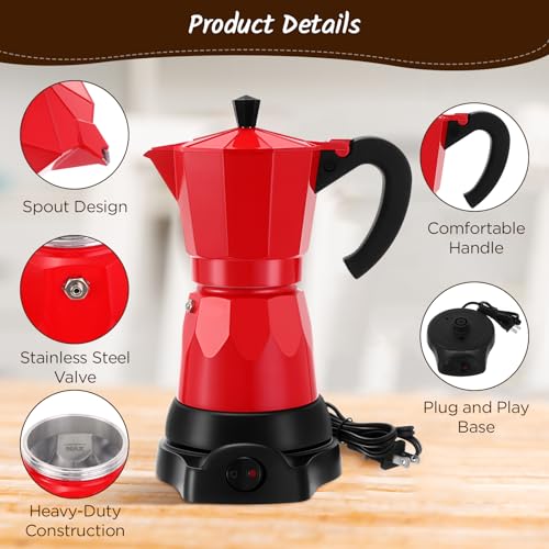 Image of 6 Cup Electric Espresso Coffee Maker 300ml Aluminum,Red