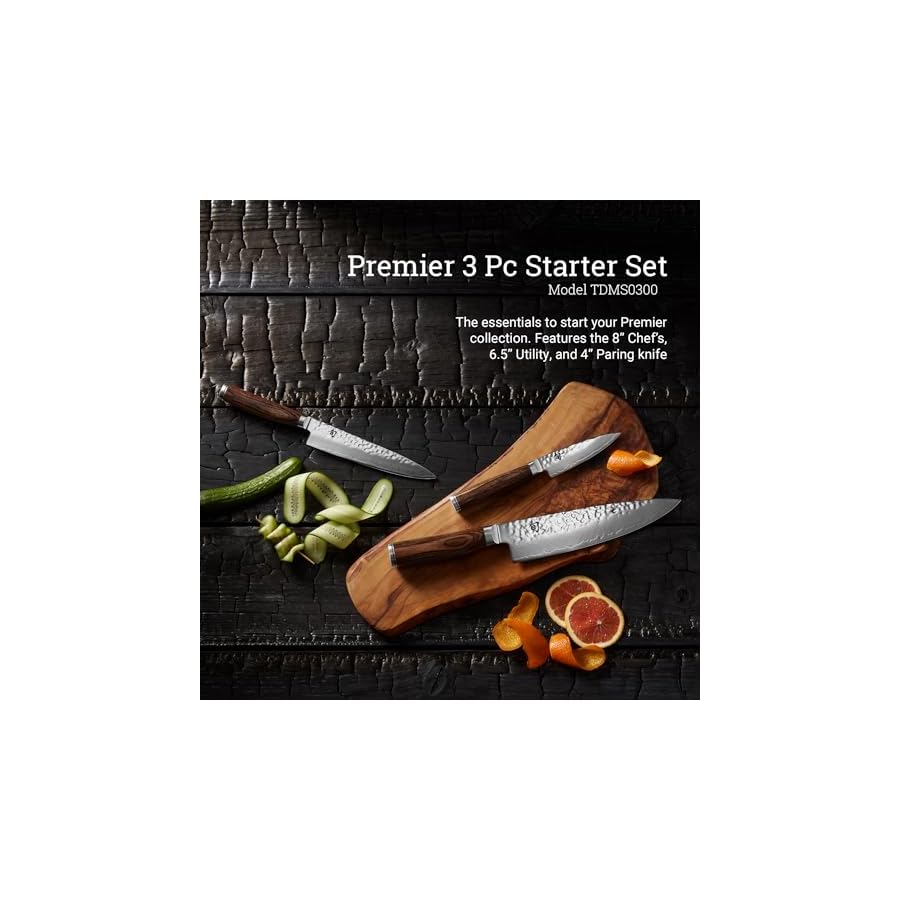 Shun Premier 3 Piece Starter Set, Includes 8" Chef, 4" Paring & 6.5" Utility Knives, Handcrafted Japanese Knife Set, VG-MAX Core with Damascus Stainless Steel Cladding, Pakkawood Handle