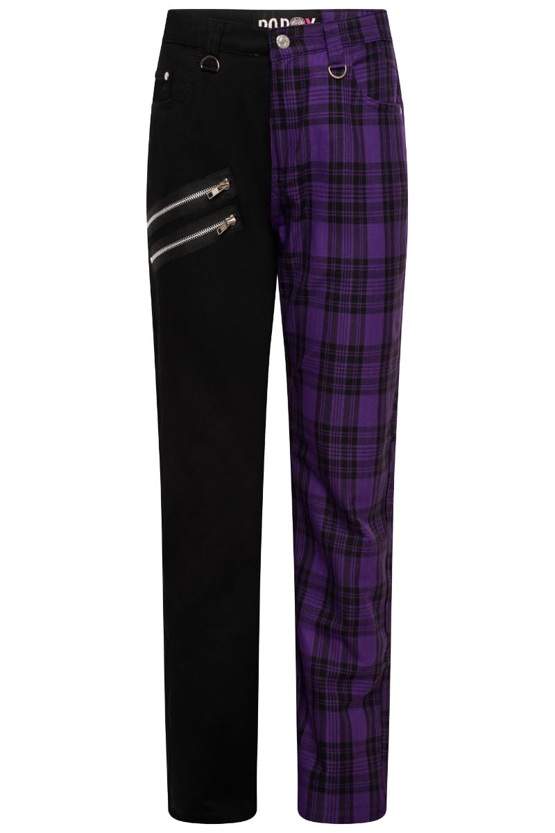 Ro Rox Split Leg Punk Trousers Unisex Tartan, Regular Fit Plaid Check Pants Emo Goth Grunge Clothing for Men and Women Purple