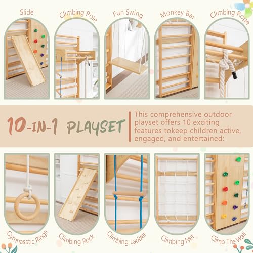 Image of 10-in-1 Swedish Ladder Indoor Jungle Gym for Kids Ages 3-12, 500 LBS Wooden Wall-Mounted Climbing Set with Slide, Swing, Rings, Monkey Bars - Montessori Play & Fitness Playground