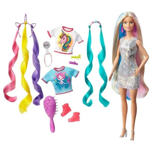 Barbie Pelo Fantasía Muñeca para peinar con accesorios de moda y diademas con mechas de unicornio y sirena (Mattel GHN4)