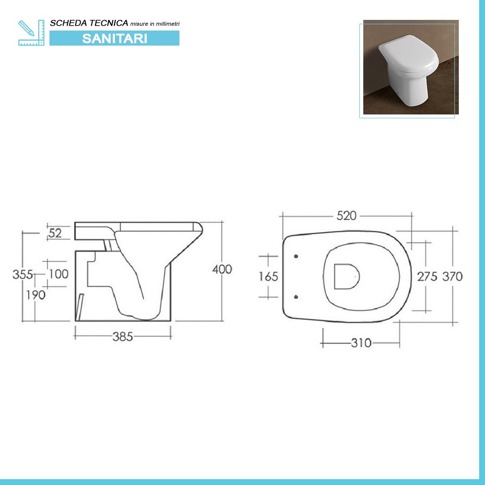 Set sanitari tradizionali serie Orient, wc con brida e scarico a pavimento, sedile incluso modello avvolgente