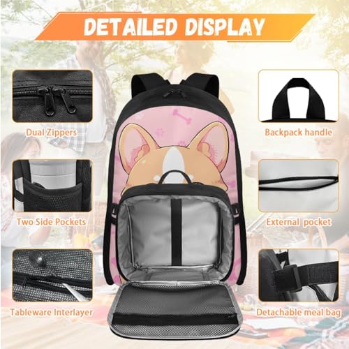 Doojoayie School Backpack for Girls 8-10 10-12 Kawaii Corgi Backpack with Lunch Box Kids Girls Bookbag Ages 4-6 Elementary Kindergarten Daypack with Insulative & Detachable Lunch Box3