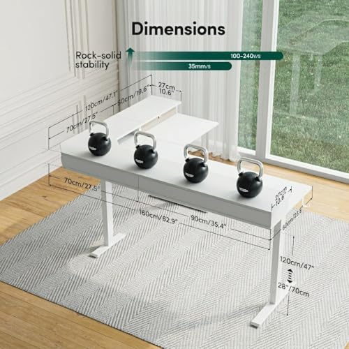Image of FEZIBO L-Shaped Electric Standing Desk, 63 x 48 Inches Height Adjustable, Reversible Tabletop, Corner Desk with Drawers, Ergonomic Computer Table, White Top