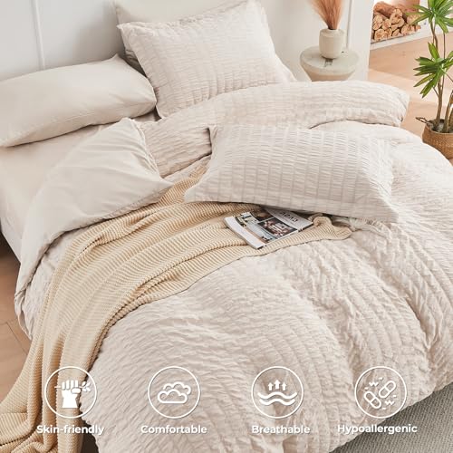 Image of HYMOKEGE Beige Full Size Comforter Sets Seersucker 7 Pieces, All Season Luxury Bed in a Bag for Bedroom, Bedding Set with Comforters, Sheets, Pillowcases & Shams
