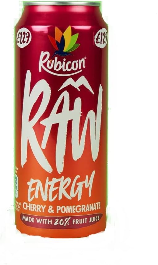 Rubicon RAW Cherry & Pomegranate Energy Drink, 20% Fruit Juice, High Caffiene with B-Vitamins, Ginseng & Guarana, No Artificial Colours or Flavours, Reduce Tiredness & Boost Energy - 1 x 500ml Can