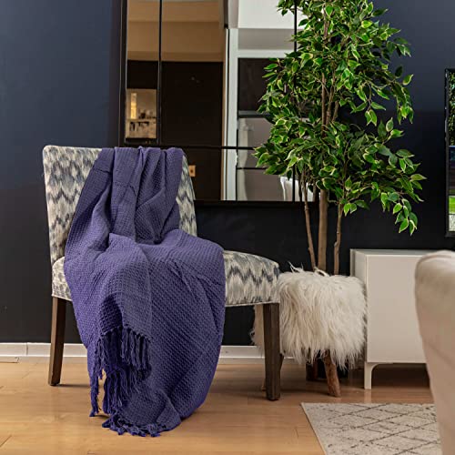 Mehar Bedding 100% Cotton Woven Honeycomb Plain Waffle Textured Chair Sofa Setee Bed Throw Tasselled Edge (NAVY, Chair (127cms x 152cms))