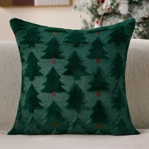 Image of Allorry Christmas Pillow Covers 18x18 inch Set of 2 Christmas Decorations Soft Plush Faux Fur Wool Green Christmas Tree Throw Pillow Cases Winter Holiday Decor for Sofa Living Room PT-012P18