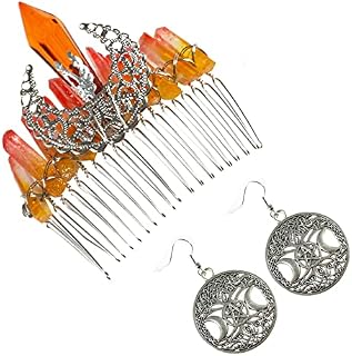 Soulnioi Natural Crystal Pink Green Crystal Pillars Hair Comb Hollow Moon Hairpin and Onyx Crystal Gravel Gold Earrings with Golden Beads for Gift