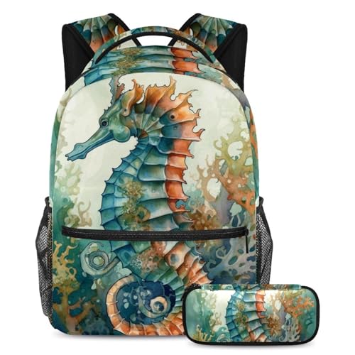 Sac à dos hippocampe vintage avec trousse assortie pour la rentrée des classes