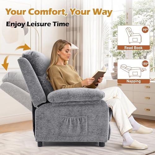 Image of Korser Recliner Chair, Living Room Chairs for Adults, Padded Deep Seat Reading Chair with Side Pockets, Small Recliners for Small Spaces, Lounge Chair for Living Room, Bedroom, and RV (Chenille)