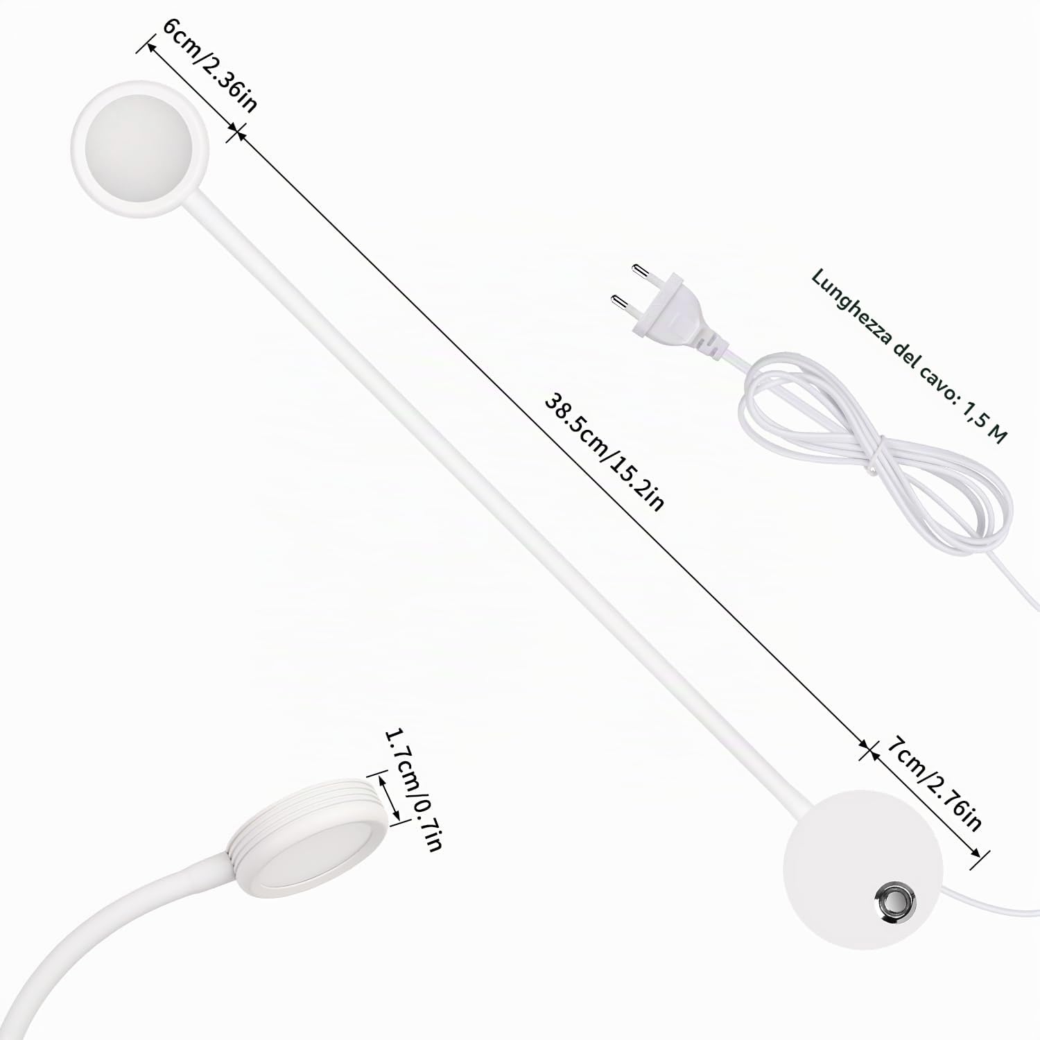 ERWEY Lampada da lettura da parete, 4W Lampada da Lettura Led con interruttore touch, 3000K-6000K dimmerabile e presa di ricarica USB, collo d'oca girevole a 360° con spina e cavo, bianco
