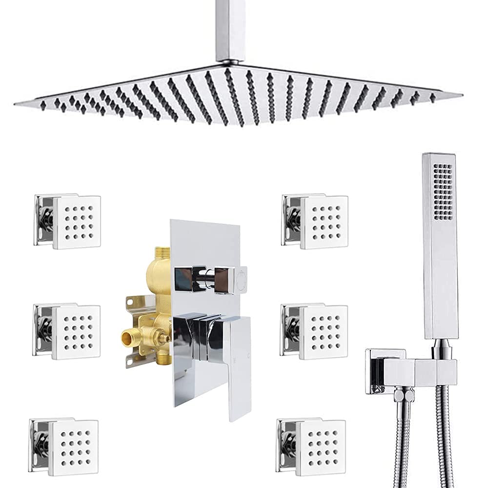 Shower System, Polished Chrome Ceiling Mounted Rain Shower System, Contains with 16 Inch Square Overhead Shower Head and Handheld Shower, Shower Body Jets, 3 Functions Pressure Balance Valve set.
