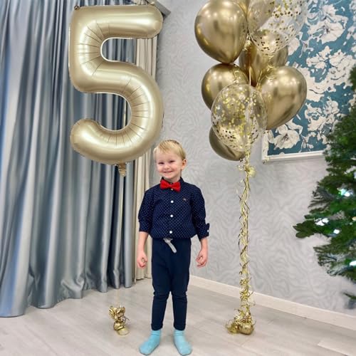 Image of Metallic Gold 5 Balloons, 40 Inch Giant Light Gold Mylar Foil Number 0-9 Helium Balloon for Girls Boys, Self Inflating Champagne 5th Birthday Balloon for Women Anniversary Party Decorations Supplies