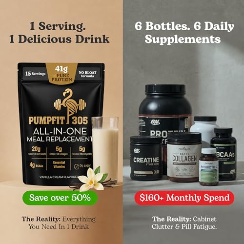 Image of All-in-One Meal Replacement Shake Powder, 41g Grass-Fed Beef Protein + Creatine+ Collagen, BCAAs, Probiotics, Vitamins, Healthy Vanilla Protein Smoothie, 15 Servings