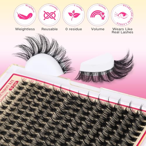 Image of FANXITON Lash Clusters Kit Wispy Clusters Eyelash Extensions Natural Lash Extension Kit 168 Pcs 10-18mm Individual Lashes Thin Band Cluster Lashes with Waterproof Lash Bond and Seal Tweezers