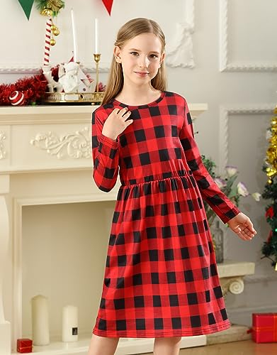 KYMIDY Girls Buffalo Check Plaid Dress Kids Long Sleeve Casual Midi Dresses with Pockets for Girls 6-14 Years3