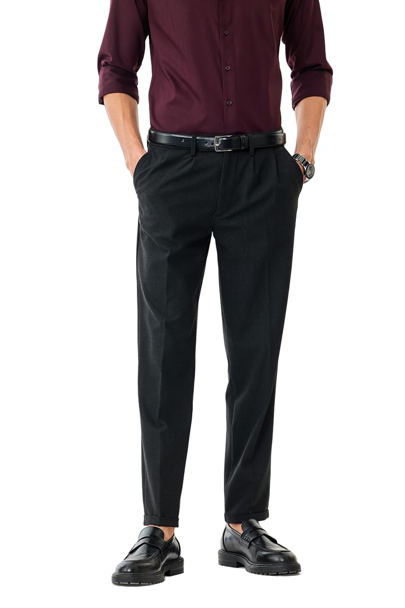 Men Formal Trousers | Relaxed Fit Pleated Front with Turned-Up Cuffs & Check Pattern | Polyester Blend Fabric for Office, Festive & Semi-Formal Occasions