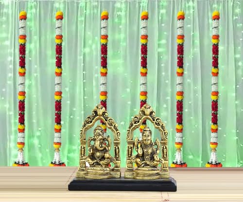Image of Artificial White Gajra Jasmine & Colourful Flower Strings for Wedding Decorations, Event Decor Perfect for Diwali, Ganpati & Pooja /Temple /Mandir Decoration, 5ft (6, Pink-Marigold - 5ft)