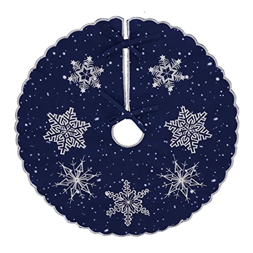 Simhomsen Small Mini Christmas Holiday Embroidered Snowflakes Tree Skirt, only for Tabletop Pencil Tree (Navy Blue, Round 21 Inches)