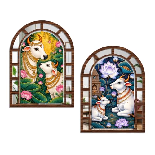 Image of Artvibes Traditional Kamdhenu Cow Decorative Home Accent | Jharokha Mirror Wall Decor for Living Room, Hall, Bedroom, Pooja Room & Dining Area | Gift for Spiritual Person (WHJ 12039N), Set of 2