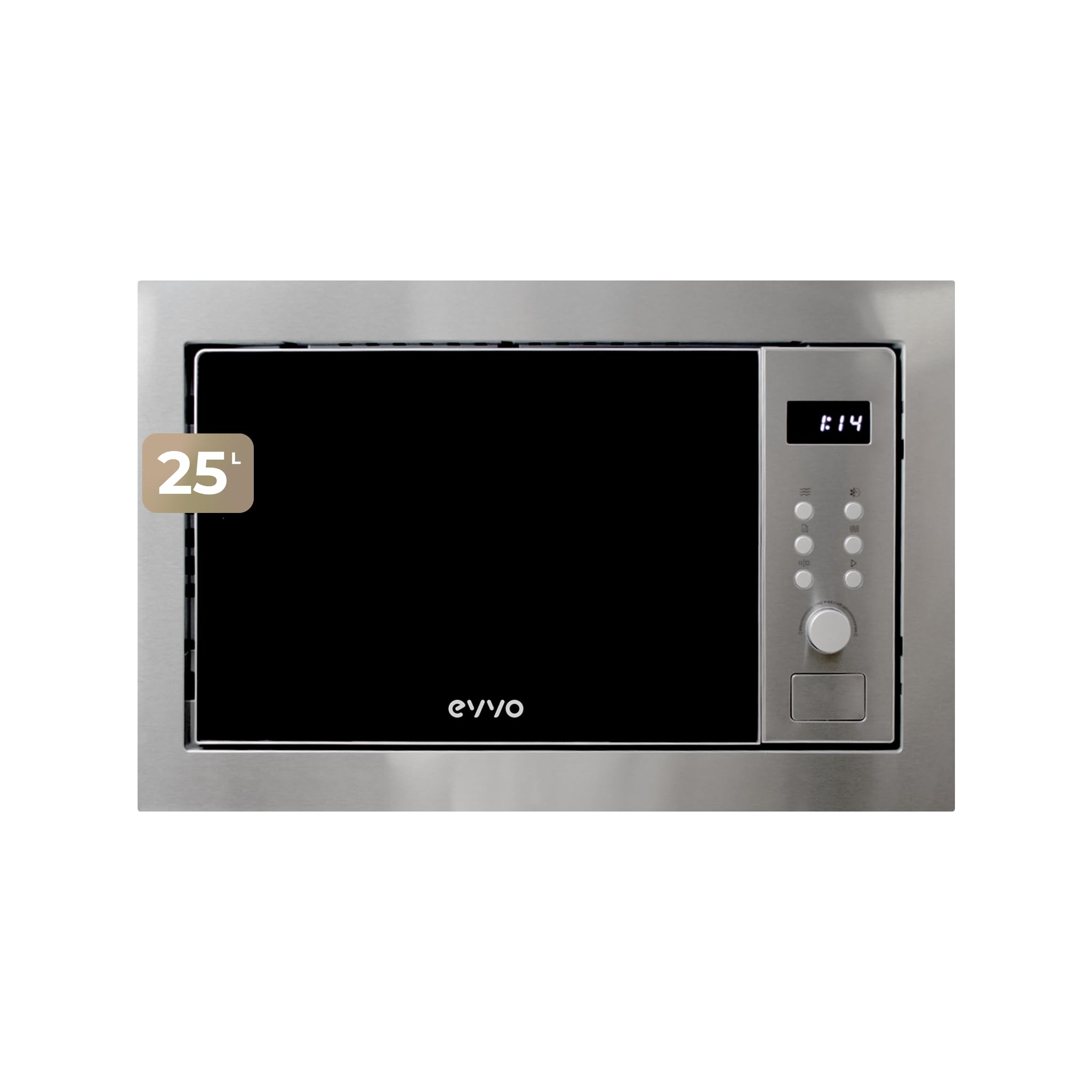 Microondas integrable EVVO Mi35 Inox, 25L de Capacidad, Grill 1000W, Puerta y Marcos Efecto Brillante, Multifunción, 8 Funciones, Temporizador 60 Minutos, Display Digital (Acabado Inox)