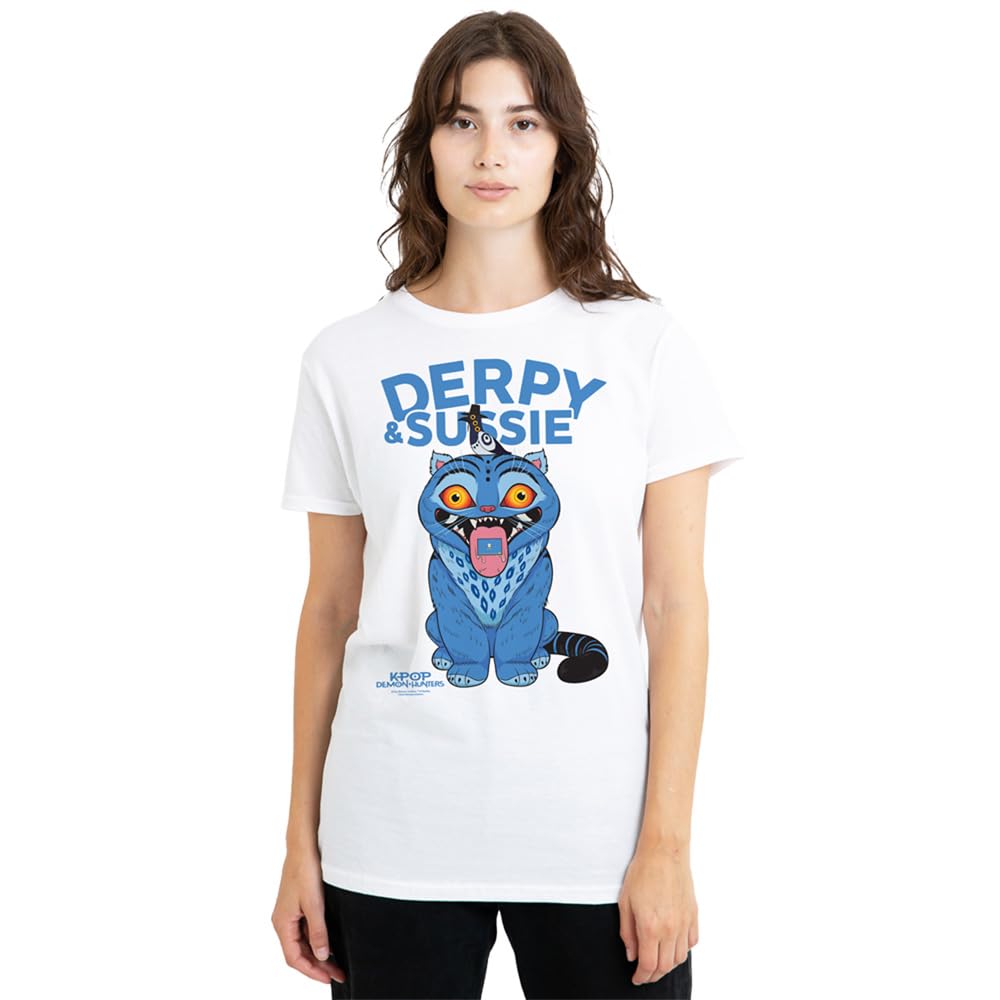 Kpop Demon Hunters Derpy and Sussie Delivery Ladies T Shirt, White, Medium
