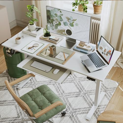 Image of Agilestic Electric Standing Desk with Drawers, 55 x 24 Inches Height Adjustable Desk, Stand up Computer Table with Memory Preset, for Work Office Home, Ivory